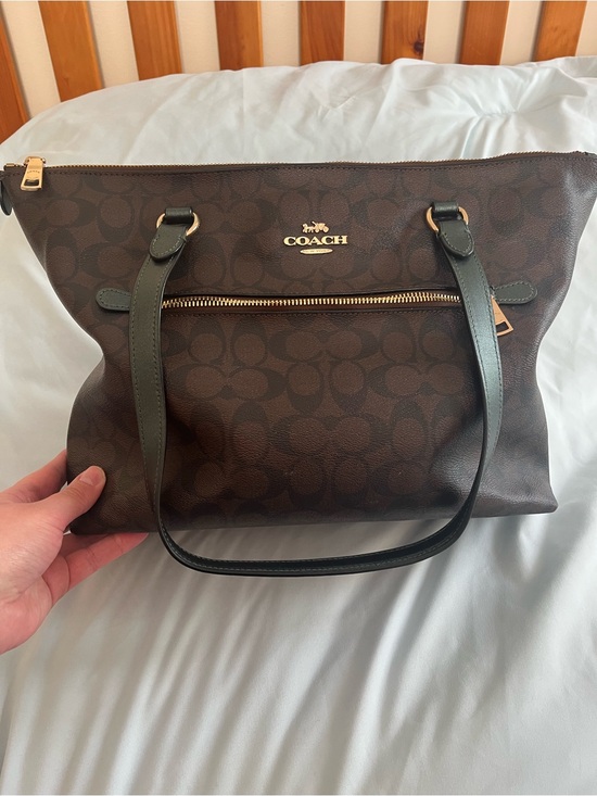 Coach Handbags - Coach Dark Brown Signature Tote with Black Straps and Gold Hardware